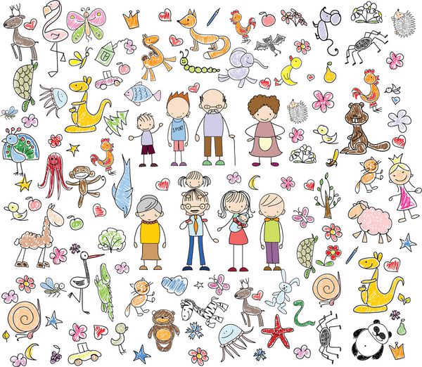 نقاشی های کودکان از خانواده ابله حیوانات مردم گل ها