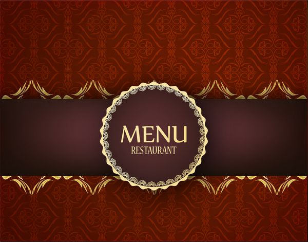 الگوی منوی رستوران یا اغذیه فروشی رستوران روی پس زمینه طرح دار قرمز با برچسب