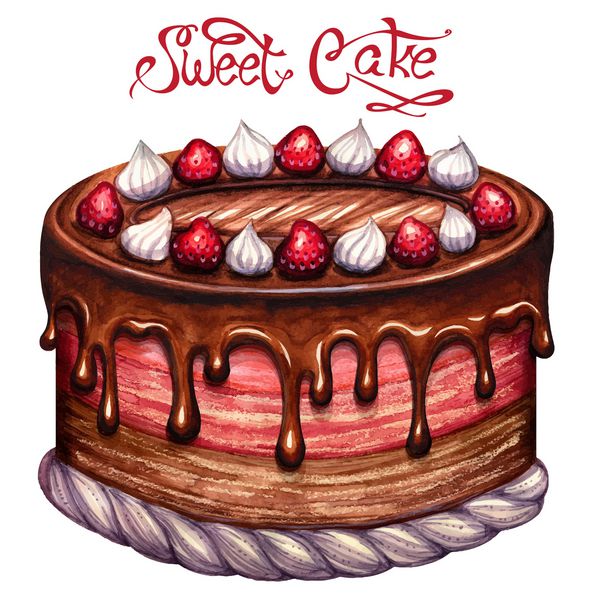 تصویر آبرنگ نقاشی شده با دست کیک شکلاتی با کمی توت فرنگی و خامه سفید نقاشی وکتوری شده با آبرنگ طراحی پوستر قدیمی جدا شده در زمینه سفید