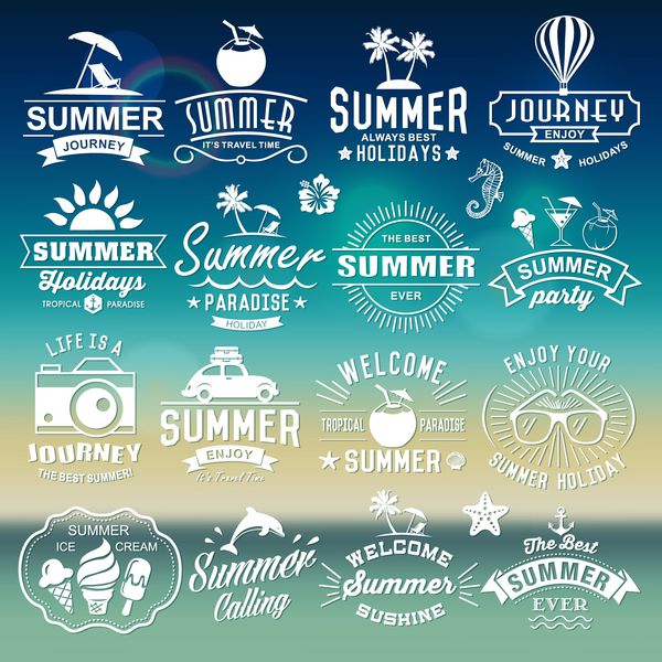 طرح های تایپوگرافی تابستانی مجموعه لوگو تایپ های تابستانی عناصر طراحی قدیمی آرم ها برچسب ها نمادها اشیاء و طرح های خوشنویسی تعطیلات تابستانی