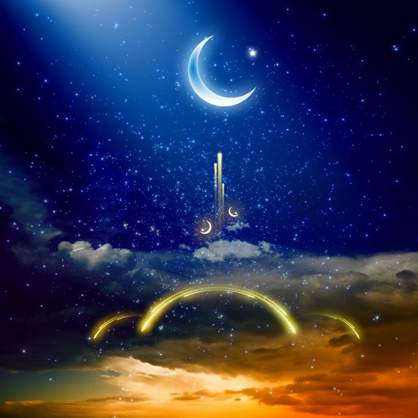 پس زمینه عید مواک با ماه و ستاره های درخشان ماه مبارک رمضان کریم غروب قرمز درخشان مسجد درخشان در آسمان