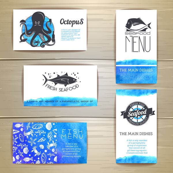 مجموعه ای از کارت های منو غذاهای دریایی هویت سازمانی الگوی سند