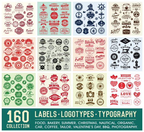 مجموعه طراحی 160 لیبل و لوگوتایپ طراحی رترو تایپوگرافی نشان ها آرم ها حاشیه ها فلش ها روبان ها نمادها و اشیاء