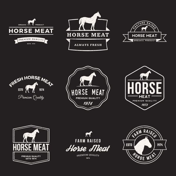 مجموعه وکتوری از برچسب های گوشت اسب ممتاز نشان ها و عناصر طراحی با بافت گرانج