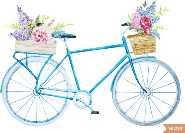 تصویر آبرنگ دوچرخه با گل وکتور