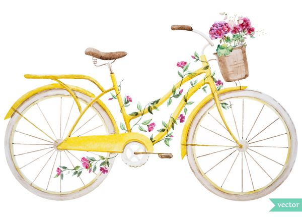 تصویر آبرنگ دوچرخه زرد با گل های ادریسی
