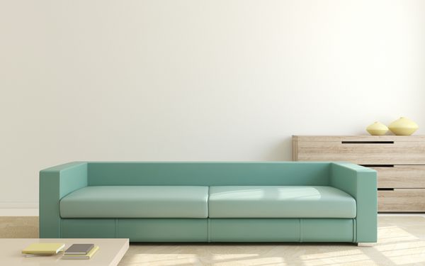 فضای داخلی اتاق نشیمن مدرن با کاناپه آبی رندر سه بعدی