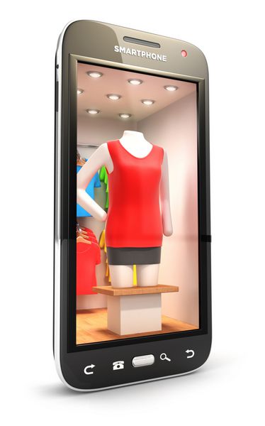 فروشگاه لباس سه بعدی داخل گوشی هوشمند پس زمینه سفید جدا شده تصویر سه بعدی