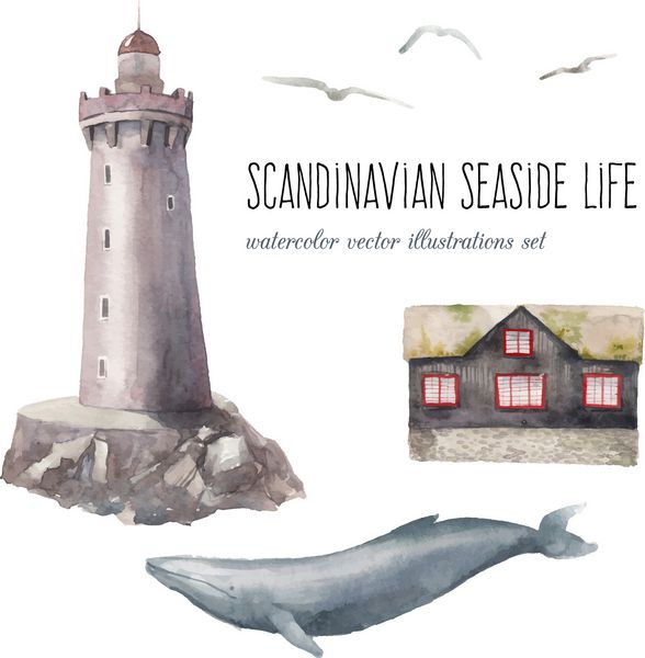 مجموعه آبرنگ زندگی ساحلی اسکاندیناوی اشیاء بردار ترسیم شده خانه ساحلی شمالی فانوس دریایی نهنگ مرغ دریایی