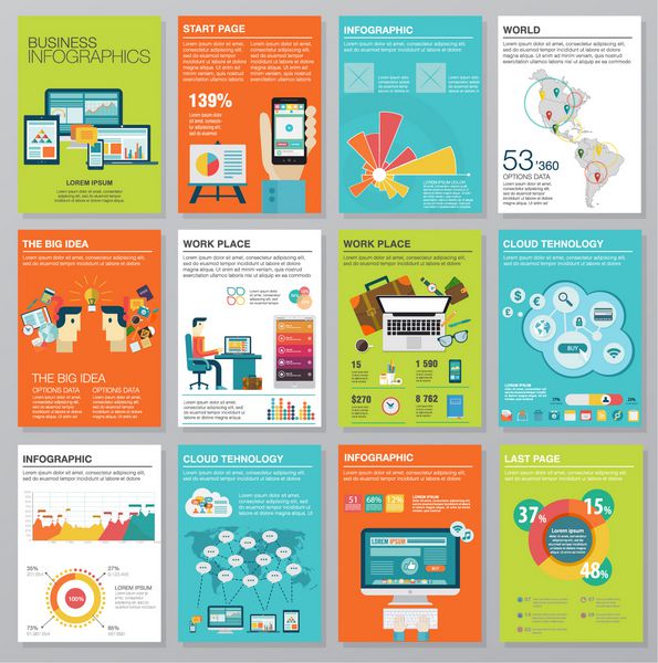 مجموعه ای عظیم از عناصر اینفوگرافیک در سبک تجاری مسطح مدرن تصاویر بردار اینفوگرافیک های مدرن درباره فناوری اطلاعات