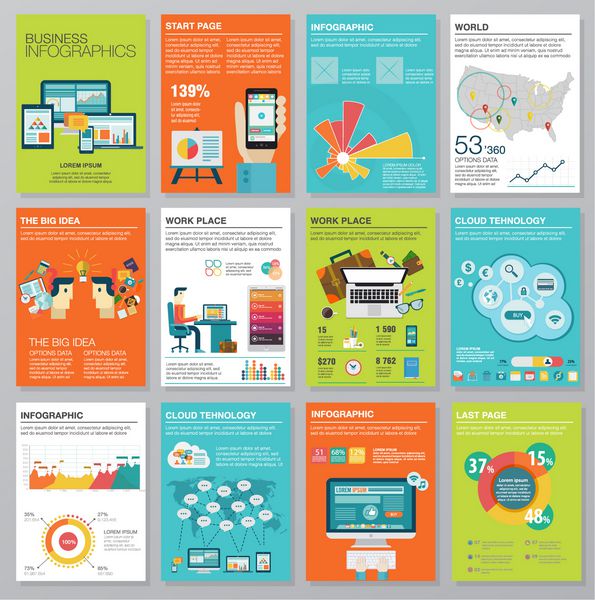 مجموعه ای عظیم از عناصر اینفوگرافیک در سبک تجاری مسطح مدرن تصاویر بردار اینفوگرافیک های مدرن درباره فناوری اطلاعات