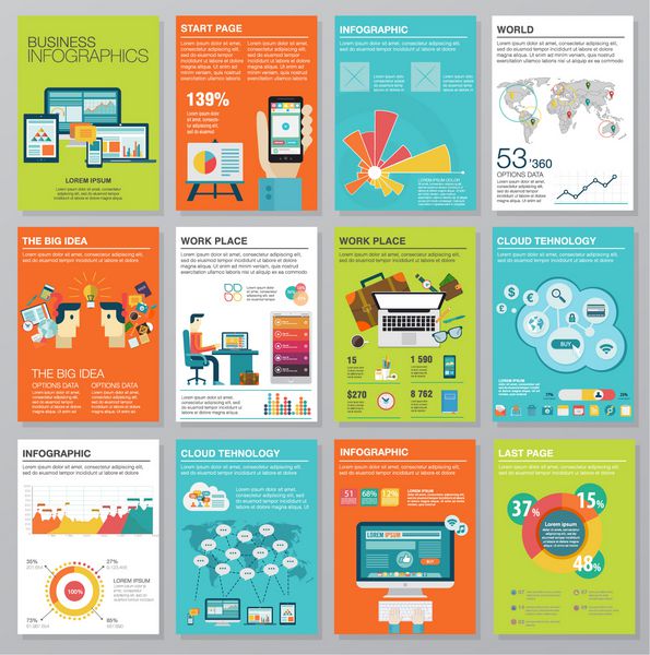 مجموعه ای عظیم از عناصر اینفوگرافیک در سبک تجاری مسطح مدرن تصاویر بردار اینفوگرافیک های مدرن درباره فناوری اطلاعات
