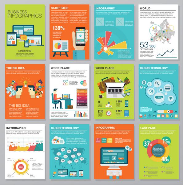 مجموعه ای عظیم از عناصر اینفوگرافیک در سبک تجاری مسطح مدرن تصاویر بردار اینفوگرافیک های مدرن درباره فناوری اطلاعات