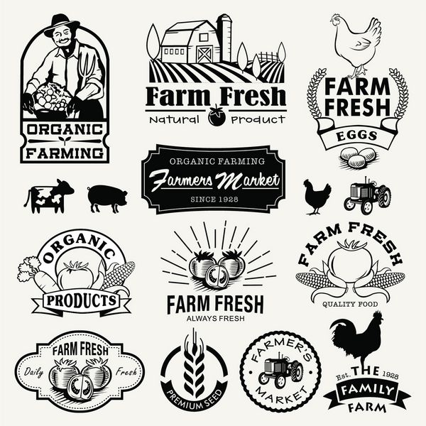 مجموعه لوگوهای مزرعه برچسب ها آرم ها نشان ها نمادها اشیاء و عناصر تازه