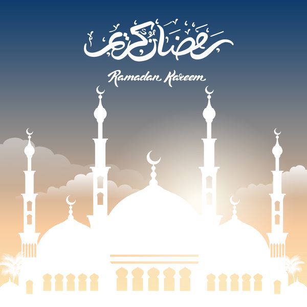 تبریک ماه مبارک رمضان کریم با مسجد و حروف خط خطی در زمینه چشم انداز شب شهر
