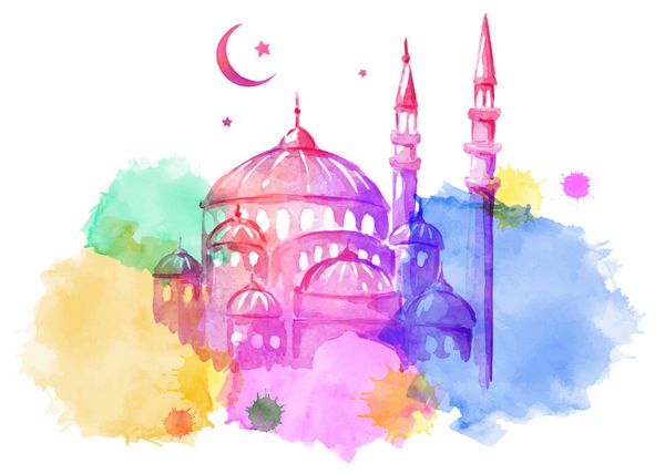 رمضان کریم شب مسجد پس زمینه لکه های آبرنگ روشن تصویر برداری