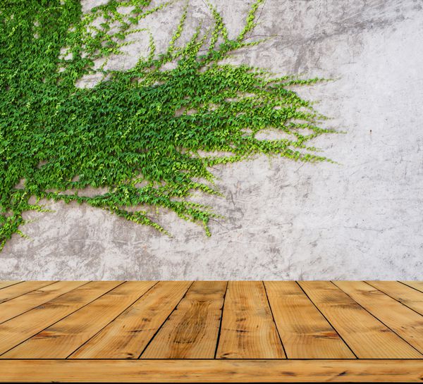 برگ سبز روی دیوار پیچ خورده و کف چوبی برای پس زمینه