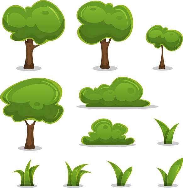 مجموعه درختان کارتونی پرچین ها و برگ های چمن تصویر مجموعه ای از درختان کوچک کارتونی بهار یا تابستان و نمادهای سبز