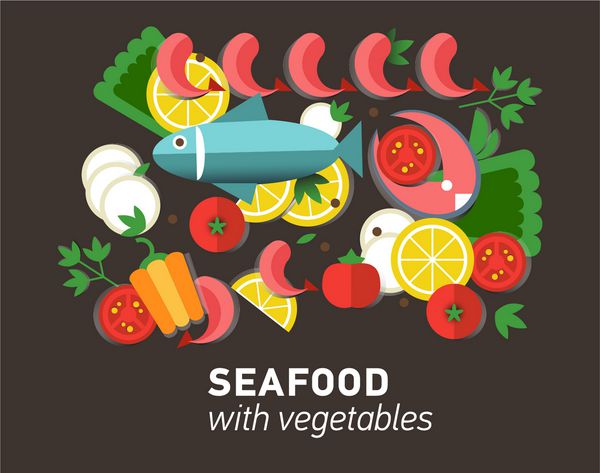 مجموعه طراحی غذاهای دریایی اینفوگرافیک کسب و کار مواد غذایی ایده غذای دریایی مسطح ایده بردار
