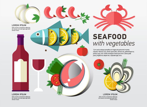 مجموعه طراحی غذاهای دریایی اینفوگرافیک کسب و کار مواد غذایی ایده غذای دریایی مسطح ایده تصویر برداری از مفهوم hipster می تواند برای چیدمان تبلیغات و طراحی وب استفاده شود منوی غذاهای دریایی برای رستوران