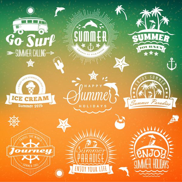 مجموعه ای از برچسب ها یا نشان های قدیمی تعطیلات تابستانی وکتور عناصر طراحی