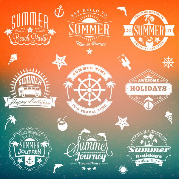 مجموعه ای از برچسب ها یا نشان های قدیمی تعطیلات تابستانی وکتور عناصر طراحی