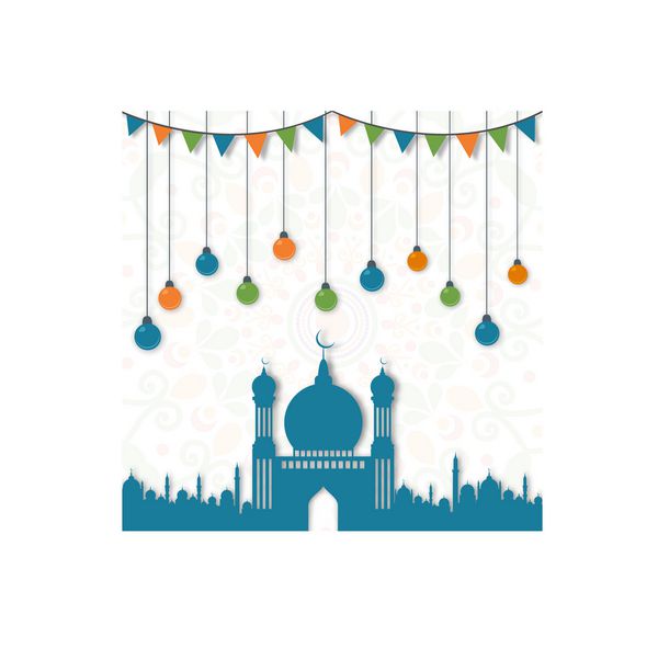 مسجد آبی زیبا با چراغ های آویز رنگارنگ و تزئین برجسته در زمینه نقاشی گلدار هنری برای ماه مبارک اسلام نماز رمضان کریم