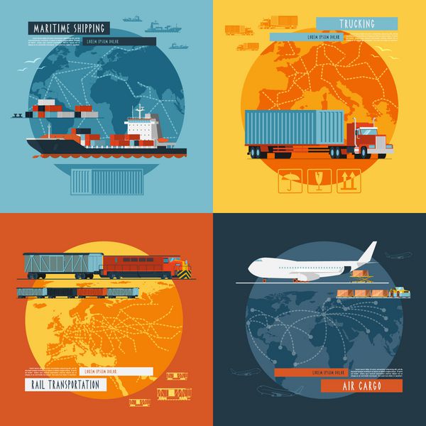 حمل و نقل دریایی لجستیک و حمل بار هوایی در سراسر جهان 4 نماد مسطح ترکیب بنر تصویر برداری جداگانه جداگانه
