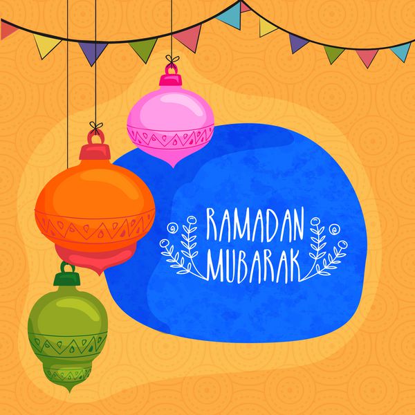 فانوس های آویز رنگارنگ با تزئینات برجسته در زمینه زرد بدون درز برای ماه مبارک اسلام جشن مبارک رمضان