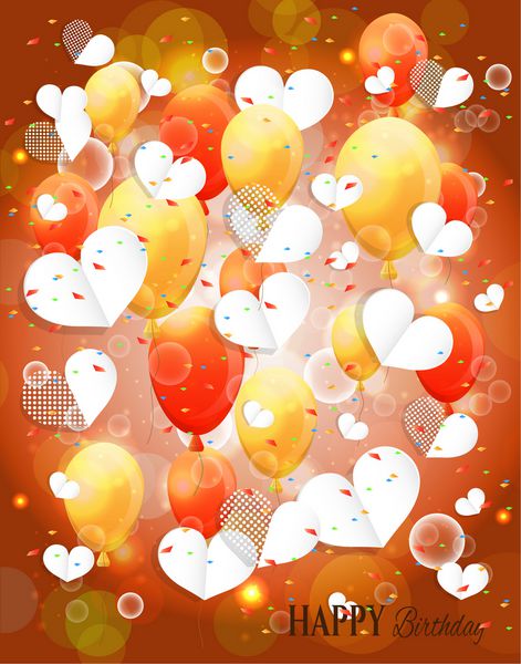 کارت تولد کارت پستال با بادکنک - بسیاری از قرمز نارنجی زرد بادکنک های پرنده سفید قلب های خالدار چراغ ها متن تولدت مبارک