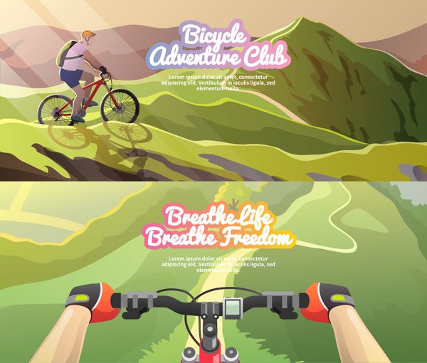 مجموعه ای زیبا از بنرهای بردار تخت رنگارنگ با موضوع دوچرخه سواری کوهستان همه موارد با عشق مخصوصاً برای پروژه های شگفت انگیز شما ایجاد شده اند