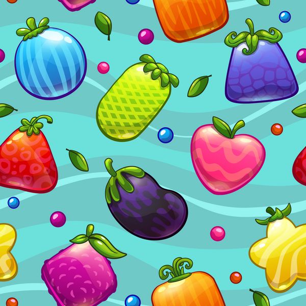 الگوی بدون درز با میوه ها و انواع توت های فانتزی کارتونی زیبا