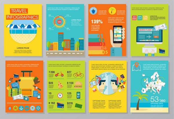 مجموعه ای بزرگ از عناصر اینفوگرافیک در مورد سفرها تصاویر عناصر و مفهوم طراحی با کیفیت بنرهای تبلیغاتی برنامه ریزی سفر رزرو هتل استفاده در گزارش شرکت ارائه وب سایت