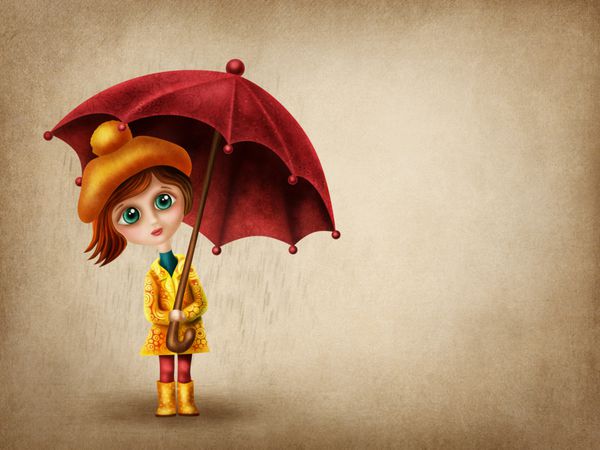 دختر بچه ای با چتر زیر باران