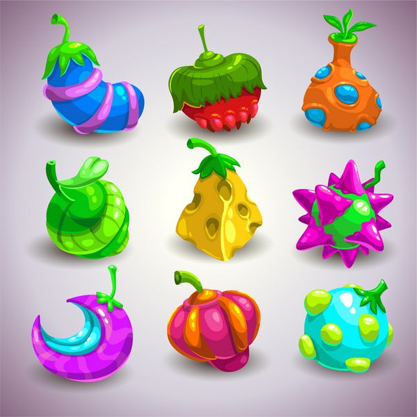 مجموعه ای از میوه های فانتزی رنگارنگ خنده دار تصویر برداری
