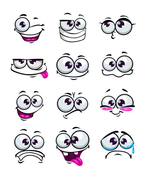 مجموعه ای از چهره های کارتونی خنده دار احساسات مختلف جدا شده روی سفید
