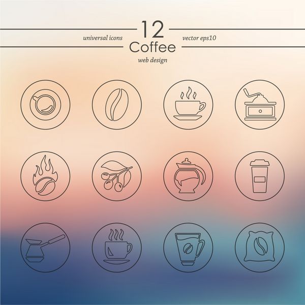 نمادهای مدرن قهوه برای رابط کاربری تلفن همراه در پس زمینه تار
