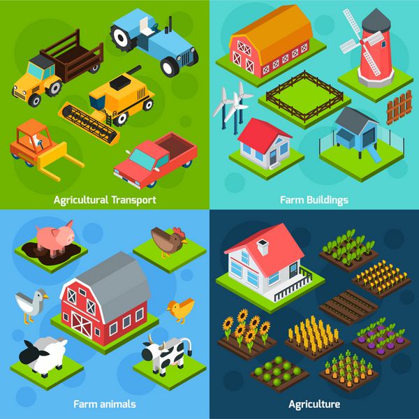 ساختمانهای مزرعه و امکانات کشاورزی ماشین آلات حمل و نقل 4 آیکون مربع ایزومتریک ترکیب مجموعه تصویر بردار جداگانه جداگانه