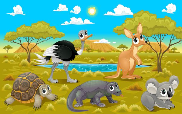 حیوانات استرالیایی در چشم انداز طبیعی کارتون خنده دار و تصویر برداری