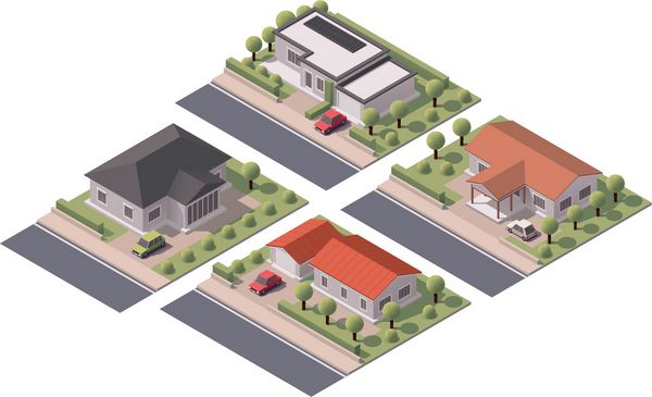 بردار عنصر اینفوگرافیک ایزومتریک نشان دهنده شهرهای کوچک یا ساختمانهای حومه با حیاط خلوت