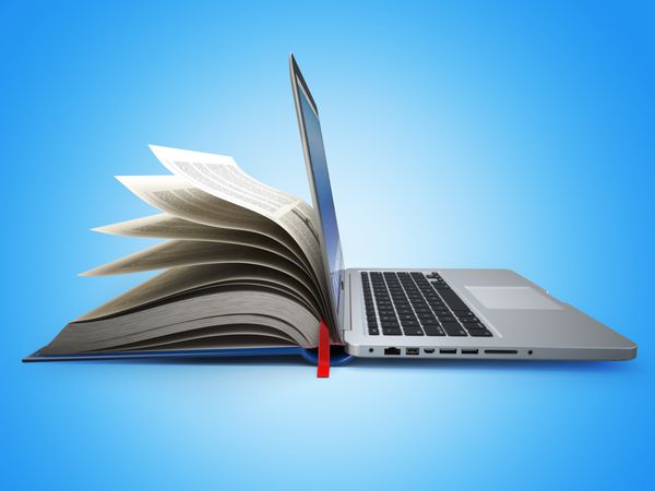 آموزش الکترونیکی مفهوم آموزش کتابخانه اینترنتی کتاب و لپ تاپ سه بعدی