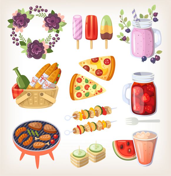 عناصر رنگارنگ و غذا برای تفریح در روزهای گرم تابستان و عصر