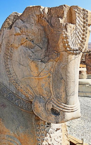 نقاشی رنگی نزدیک باستانی ویرانگر سرپرست سرپرست اسطوره ای در پرسپولیس ایران در بافت ماسه سنگ