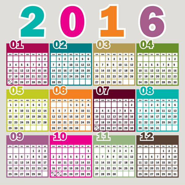 تقویم ساده 2016 طراحی تقویم 2016 تقویم عمودی 2016 - هفته با یکشنبه شروع می شود