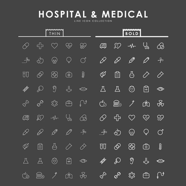 مفهوم بیمارستان و پزشکی روی نمادهای برجسته و نازک
