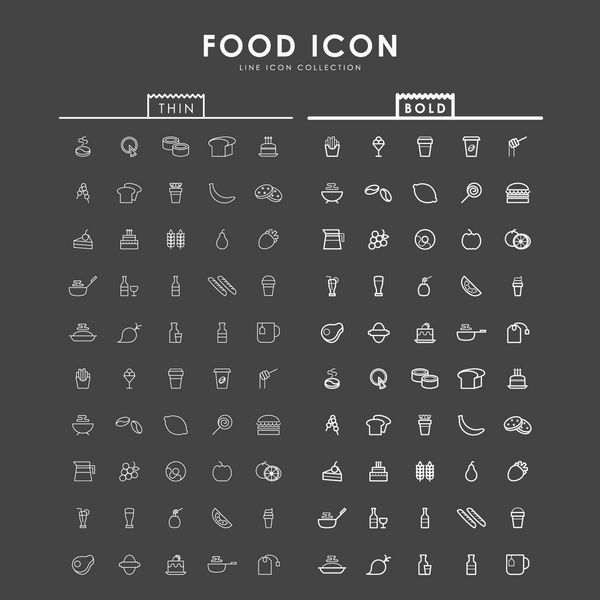 آیکون های طرح کلی مواد غذایی پررنگ و نازک
