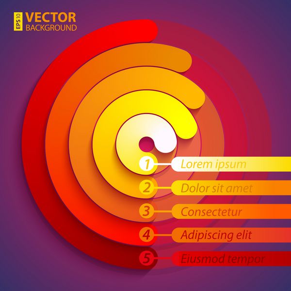 اینفوگرافیک انتزاعی شکل دایره سه بعدی قرمز نارنجی و زرد نمودار 5 گزینه ای در پس زمینه بنفش وکتور rgb