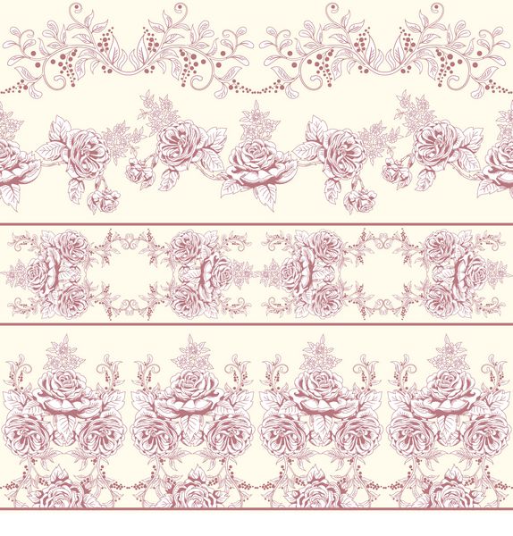 مجموعه وکتور از حاشیه های بدون درز گل رز باغ ویکتوریا نقاشی با دست
