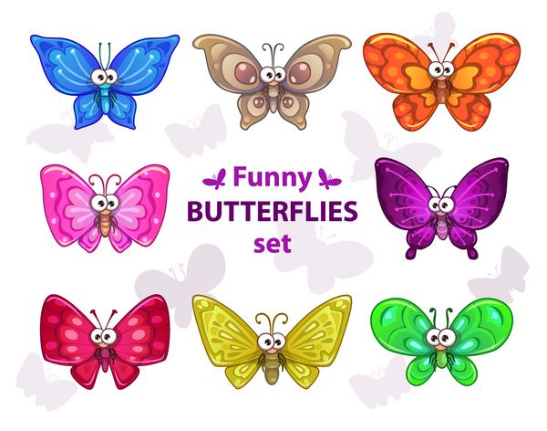 مجموعه پروانه های رنگارنگ کارتونی خنده دار وکتور شخصیت های جدا شده