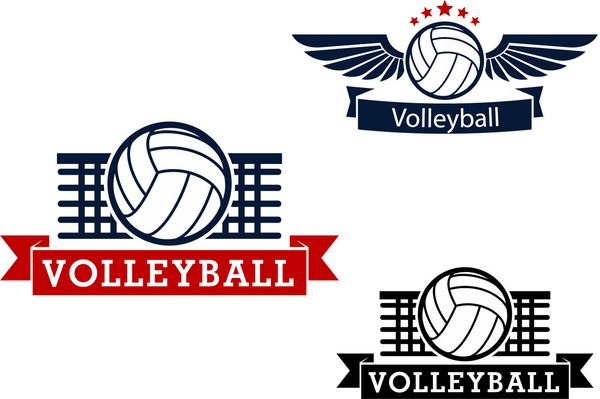 نمادهای ورزشی والیبال با توپ و تور والیبال در پس زمینه توپ بالدار با ستاره و بنرهای روبانی